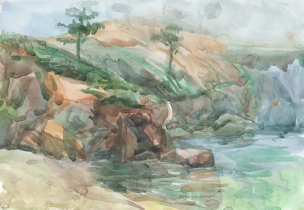 Watercolor Sea Waves Mountains Landscape Beach Pine Illustration — Stock Photo, Image