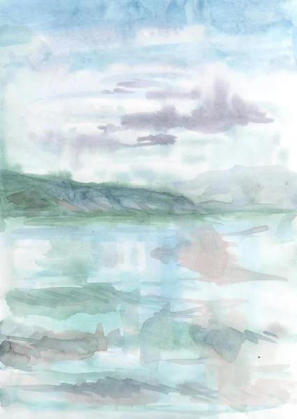 Aquarell Zeichnung Meer Wellen Berge Landschaft Illustration — Stockfoto