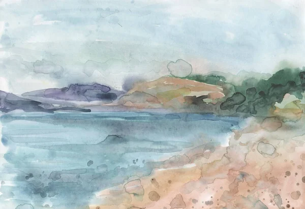 Aquarell Meer Wellen Berge Landschaft Strand Illustration — Stockfoto