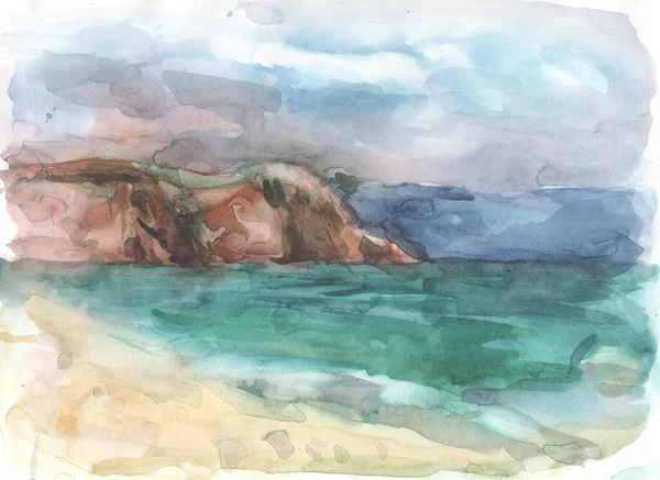 Suluboya deniz, dalgalar, dağlar, manzara, plaj illüstrasyonu.