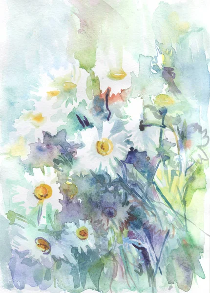 watercolor drawing - white daisies on a blue and green background, beautiful bouquet, painting