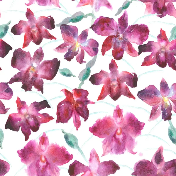 Seamless Pattern Beautiful Watercolor Pink Orchid Hand Drawn Set Isolated — Stock Photo, Image