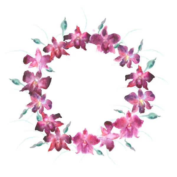 Painted Watercolor Card Beautiful Pink Orchid Space Text Wreath Frame — Stock Photo, Image