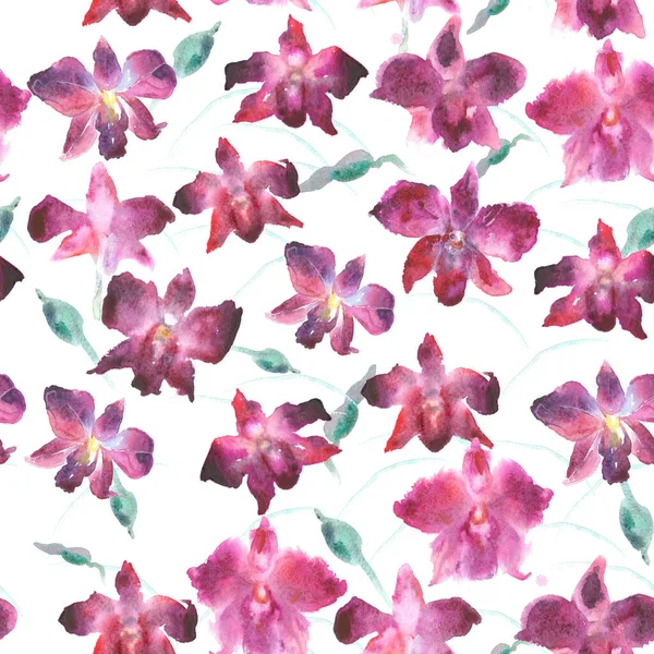 Seamless Pattern Beautiful Watercolor Pink Orchid Hand Drawn Set Isolated — Stock Photo, Image