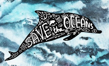 Okyanusu kurtar. Balina, yunus, deniz, okyanus. Siyah metin, yazı, yazı, el yazısıyla gri üzerine karalama. Kirlilik sorunu kavramı, ekoloji afişi. monotip suluboya, soyut desen boyası