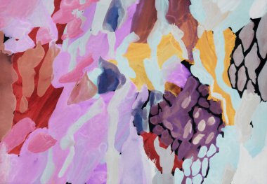 Parlak renkli resim, çağdaş sanat. Gouache akrilik mizaç boyası, soyut doku el çizimi, tasarımınız için gradyan arka plan. Mavi kahverengi, kırmızı, bordo, mor, pembe, sarı, yeşil.