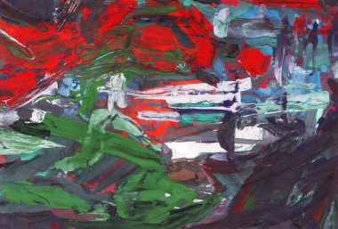 Parlak renkli resim, çağdaş sanat. Gouache akrilik mizaç boyası, soyut doku el çizimi, tasarımınız için gradyan arka plan. Mavi, kırmızı, mor, yeşil, siyah, beyaz