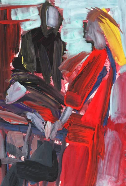 Parlak renkli resim, çağdaş sanat. Gouache akrilik mizaç boyası, soyut doku el çizimi, tasarımınız için gradyan arka plan. İnsanlar mavi, mor, pembe, siyah, beyaz, kırmızı portreler çiziyor.