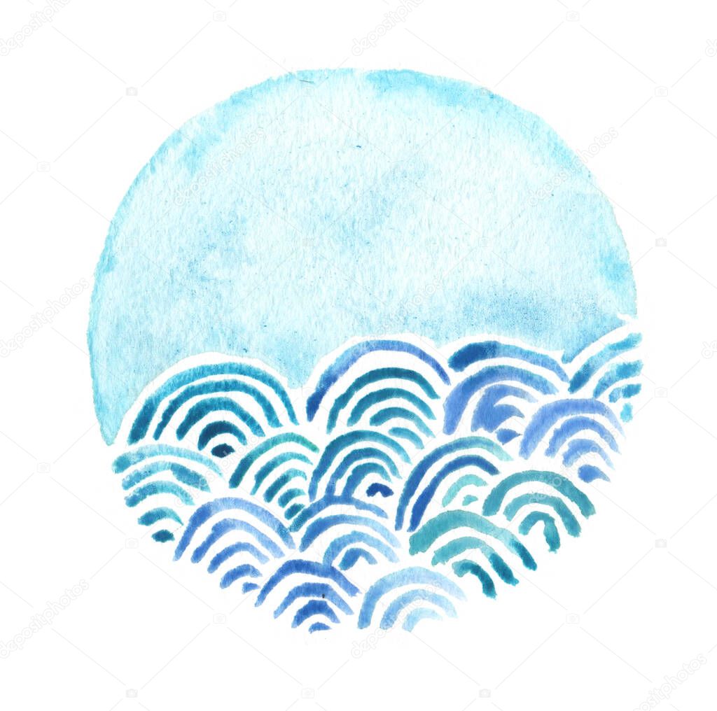 Seigaiha or seigainami literally means wave of the sea. japanese pattern abstract scales simple Nature background circle blue white watercolor paint, abstract texture background for your design