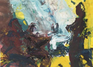 Parlak renkli resim, çağdaş sanat. Gouache akrilik mizaç boyası, soyut doku el çizimi, tasarımınız için gradyan arka plan. mavi yeşil siyah beyaz okher kahverengi sarı