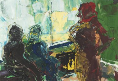 Parlak renkli resim, çağdaş sanat. Gouache akrilik mizaç boyası, soyut doku el çizimi, tasarımınız için gradyan arka plan. Mavi, kırmızı, yeşil, yeşil, beyaz, kahverengi bir çığlık.