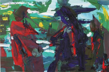 Parlak renkli resim, çağdaş sanat. Gouache akrilik mizaç boyası, soyut doku el çizimi, tasarımınız için gradyan arka plan. mavi siyah beyaz kahverengi kırmızı yeşil