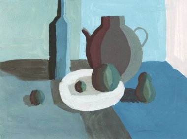 Işık ve gölgenin kontrastı olan Chiaroscuro natürmortu, akrilik resim minimum grafik paleti. Çaydanlık, şişe, tabak, meyve ve sebze Mavi, siyah, kahverengi, yeşil