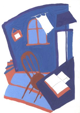 Işık ve gölgenin Chiaroscuro kontrastı, akrilik resim minimum grafik paleti. İç mekan, sandalye, masa, pencere, perdeler, lamba, masa. Mavi kahverengi beyaz