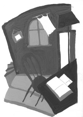 Işık ve gölgenin Chiaroscuro kontrastı, akrilik resim minimum grafik paleti. İç mekan, sandalye, masa, pencere, perdeler, lamba, masa. Modern bir iç mekan için poster