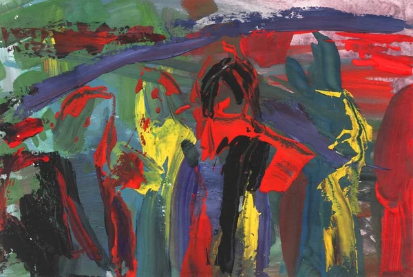 Parlak renkli resim, çağdaş sanat. Gouache akrilik mizaç boyası, soyut doku el çizimi, tasarımınız için gradyan arka plan. Kırmızı, mavi, yeşil, mor, siyah gri.