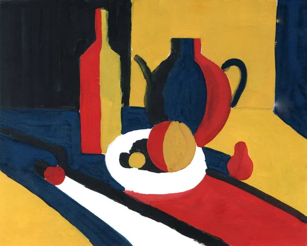 still life Chiaroscuro contrast of light and shadow, acrylic painting Minimal graphics palette. Teapot, bottle, plate, fruits and vegetables Blue yellow red white black