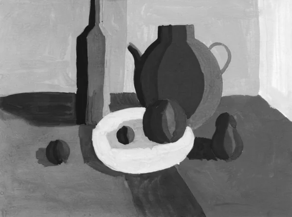 still life Chiaroscuro contrast of light and shadow, acrylic painting Minimal graphics palette. Teapot, bottle, plate, fruits and vegetables Black White Grey. Poster for a modern interior