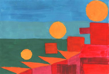 Resim, modern sanat çağdaş. kırmızı mavi, yeşil, bordo, yeşil, bej, gouache akrilik boya monotip tekniği, soyut desen, tasarımınız için arka plan çizimi..