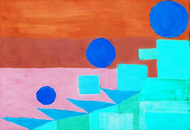 Resim, modern sanat çağdaş. kırmızı mavi yeşil bej rengi gradyan, gouache akrilik boya geometrik süs, tasarımınız için soyut desen arka plan çizimi.