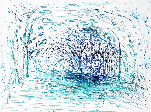 Bäume Radierung Kratzer Textur Weiß Schwarz Blau Farbverlauf Einzigartige Aquarellfarbe — Stockfoto