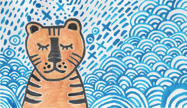 Tigre Naranja Negro Olas Blancas Azules Nubes Pintura Brillante Arte — Foto de Stock