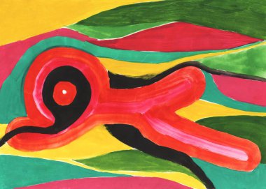 Resim, modern sanat çağdaş. monotip tekniğinde gouache akrilik boya, tasarımınız için soyut doku arka planı. pembe siyah sarı yeşil kırmızı