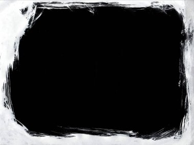 Elle çizilmiş soyut grunge çerçevesi. Siyah ve beyaz arka plan damlaları, boya lekeleri, mürekkep kalıpları, tasarımınız için kopya alanı, benzersiz kart afişi şablonu. Moda çizimi, İskandinav grafikleri