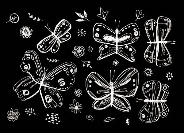card banner poster, butterflies leaves flowers. sketch markers, freehand drawing doodle lines scandinavian style background grunge texture Nursery decor trend of the season, black white