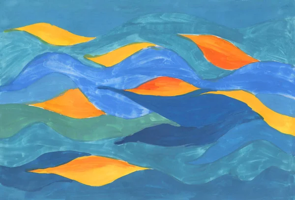 現代美術 線の波火グラデーション ガッシュアクリル塗料 抽象的な質感の手は あなたのデザインの背景を描きました 青緑赤オレンジ — ストック写真
