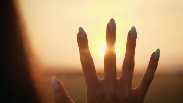 Mujer joven mira el sol a través de su mano y la luz pasa a través de los dedos — Vídeo de stock