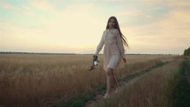 Pewna siebie młoda modelka spacerująca boso w pobliżu pól pszenicy z butami w ręku — Wideo stockowe