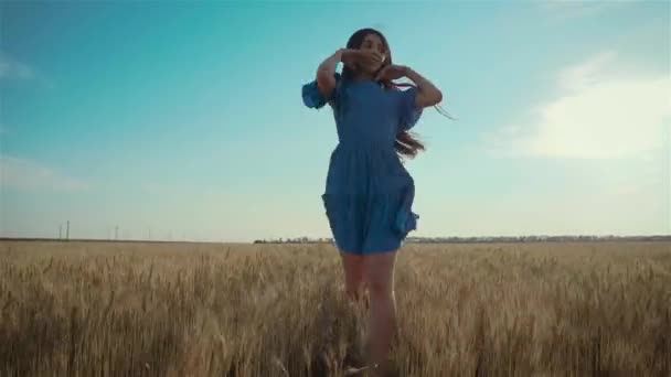 Mujer joven corre a través del campo. Hermosa chica libre disfrutando de la naturaleza en el sol caliente en el trigo en el fondo del atardecer — Vídeo de stock