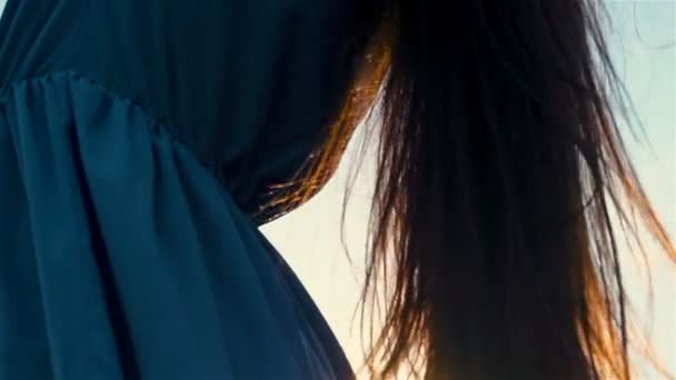 Frauen brünetten Haaren schwanken vom Wind in der Natur während des goldenen Sonnenuntergangs — Stockvideo