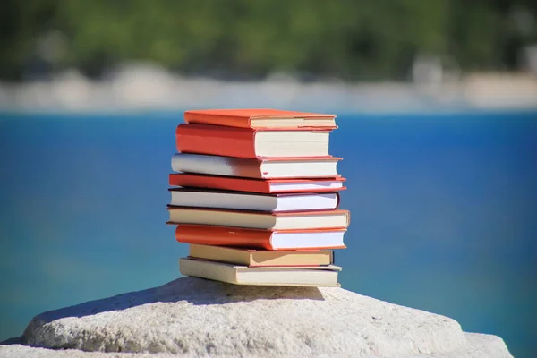Stack of books on a stone pillar by the sea