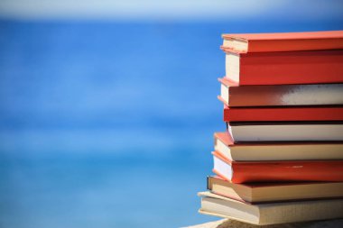 Deniz kenarındaki taş bir sütunda yığınla kitap.