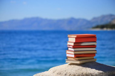 Deniz kenarındaki taş bir sütunda yığınla kitap.