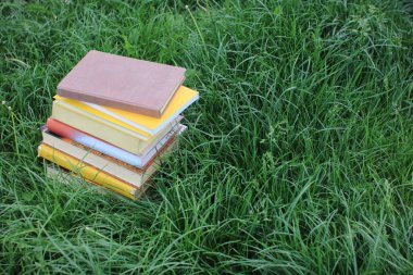 Yeşil çimenlikteki kitap yığını