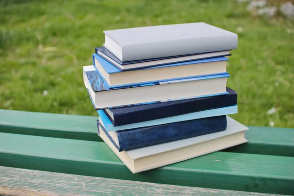 Bücherstapel Auf Der Bank Schulpark — Stockfoto