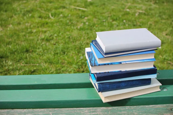 学校の公園のベンチに本のスタック — ストック写真