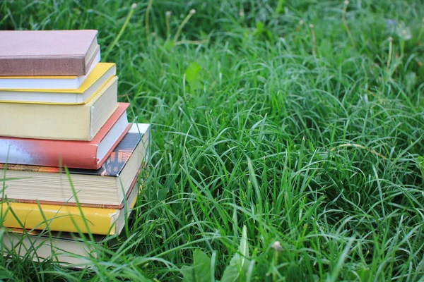 緑の芝生の本のスタック — ストック写真