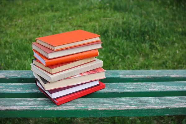 Bücherstapel Auf Der Bank Schulpark — Stockfoto