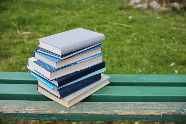 Bücherstapel Auf Der Bank Schulpark — Stockfoto