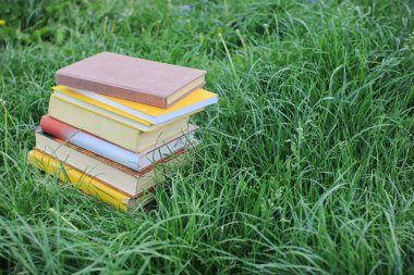 Yeşil çimenlikteki kitap yığını