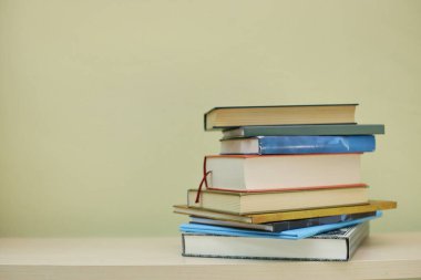 Okul kütüphanesinin rafındaki kitaplar.