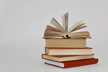 Beyaz arkaplanda izole kitap yığını