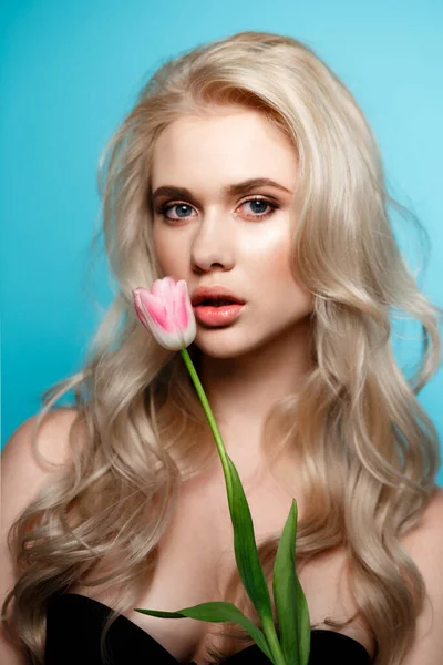 Porträt einer sexy Frau, die im Studio posiert, seine Lippen mit rosa Tulpe berührt, schwarze Dessous trägt, vor blauem Hintergrund — Stockfoto