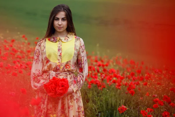 Young Woman Long Hair Wearing Dress Standing Poppies Flowers Field — Stock Photo, Image
