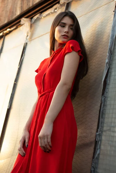 Νεαρή Μελαχρινή Γυναίκα Κόκκινο Φόρεμα Ίσια Μαλλιά Και Μακιγιάζ Ποζάρει — Φωτογραφία Αρχείου