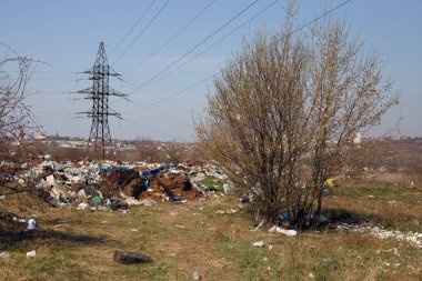 Çöp ve plastik poşetlerle kaplı bölge rüzgârla savrulup savruluyor. Ekoloji ve korunmasız doğa için onarılamaz sonuçlar.